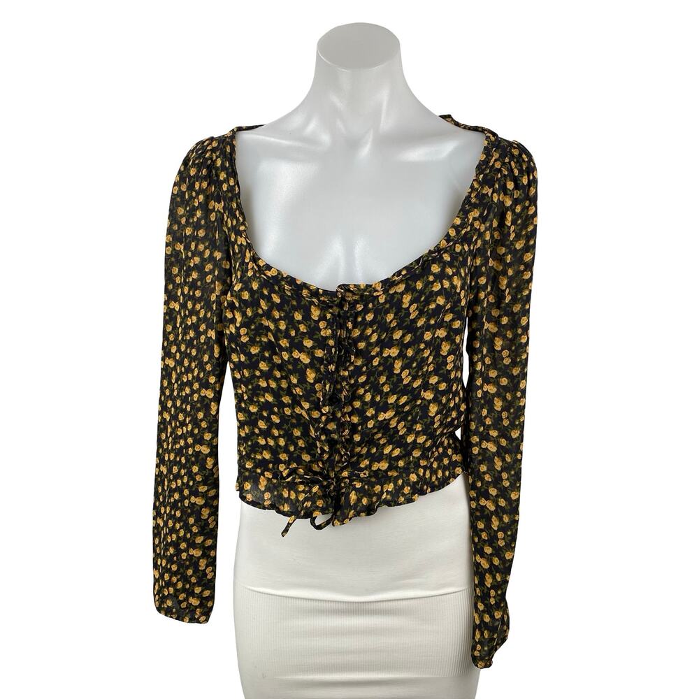 Reformation Italia Black Yellow Floral Long Sleeve Ruched Blouse Crop Top Size 4